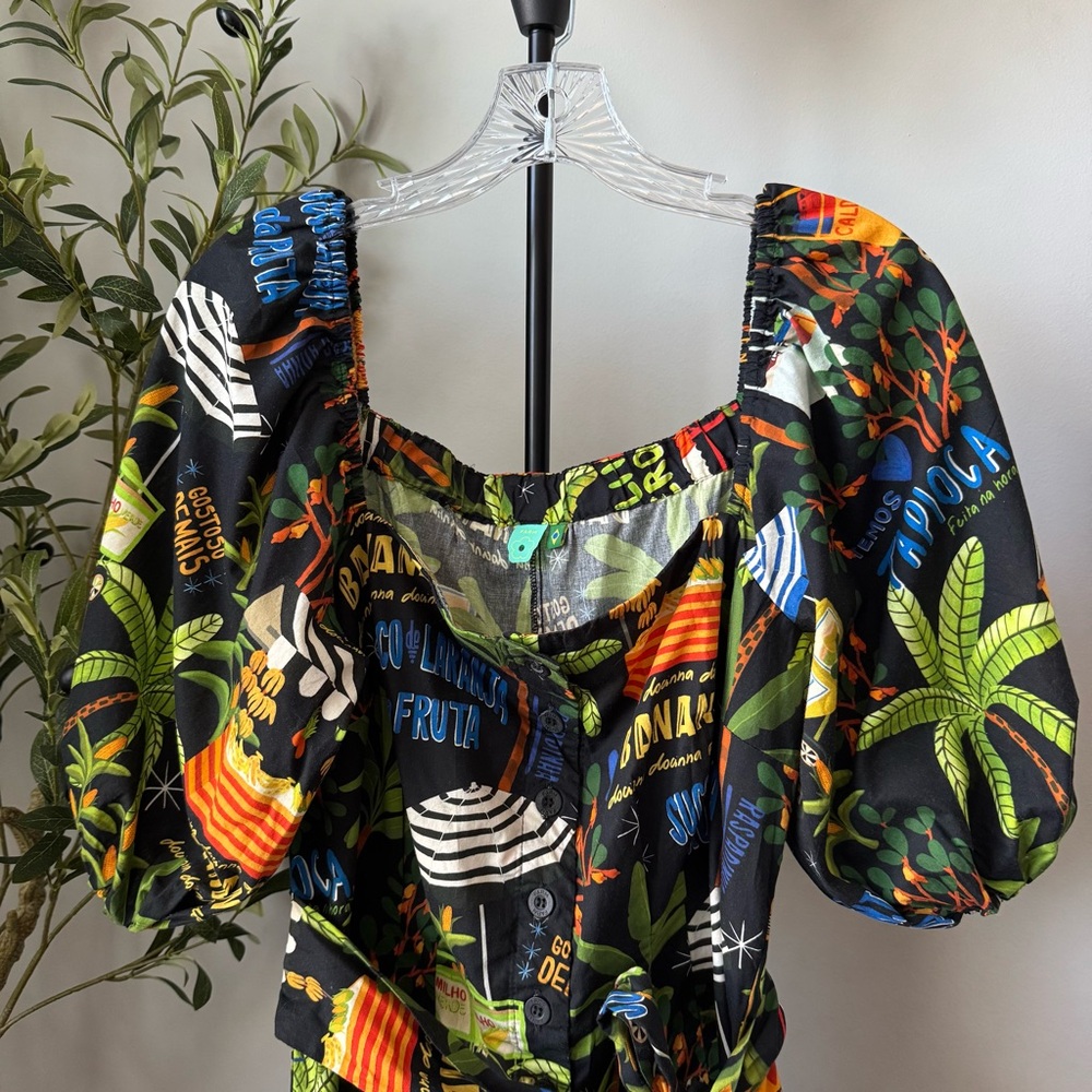 Farm Rio Tropical Fruit Print Puff Sleeve Jumpsuit Tie Waist - Picture 2 of 10